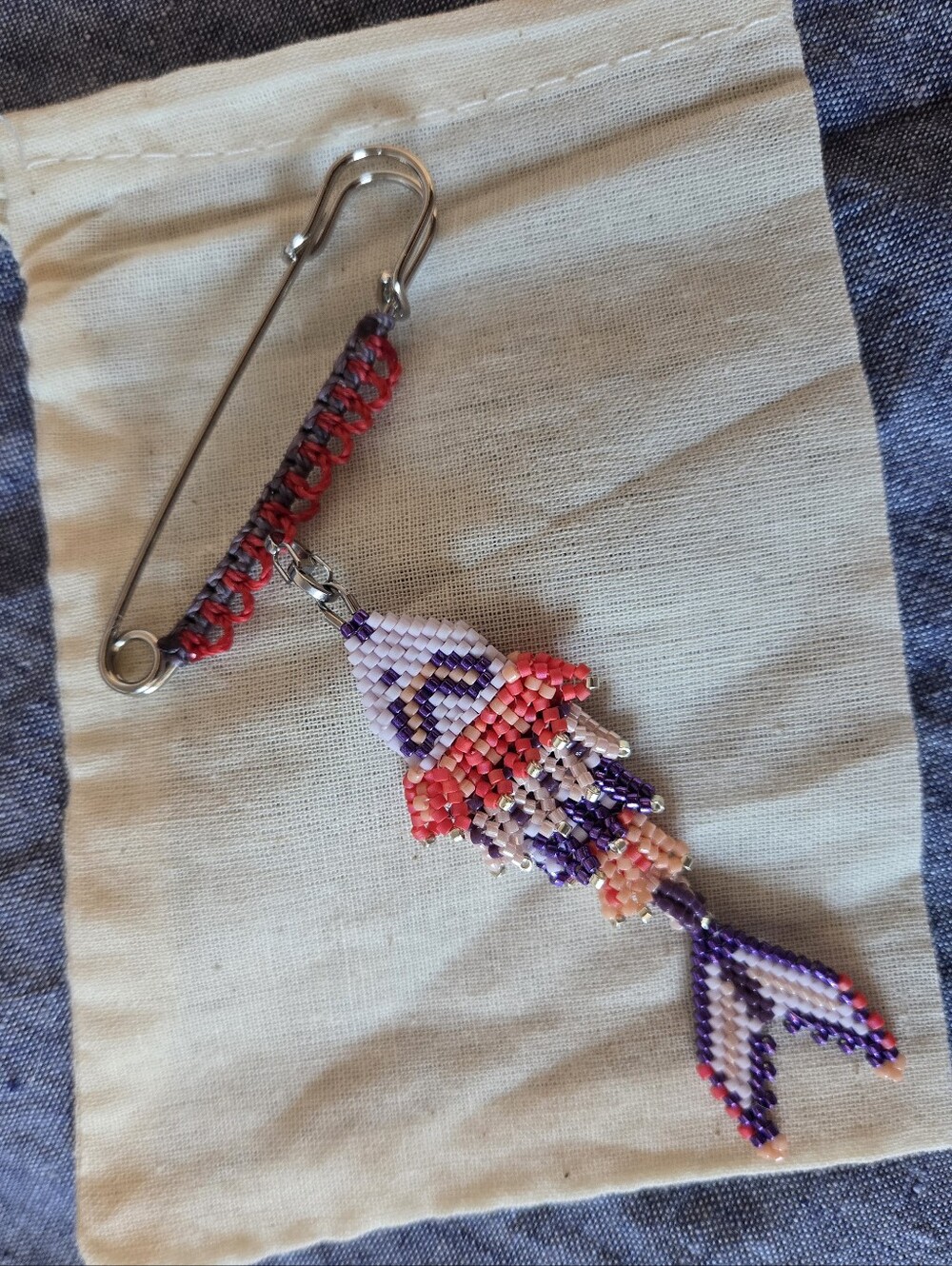 New Handmade Miyuki Bead-Woven Fish on a Safety Pin with Micro-Macramé